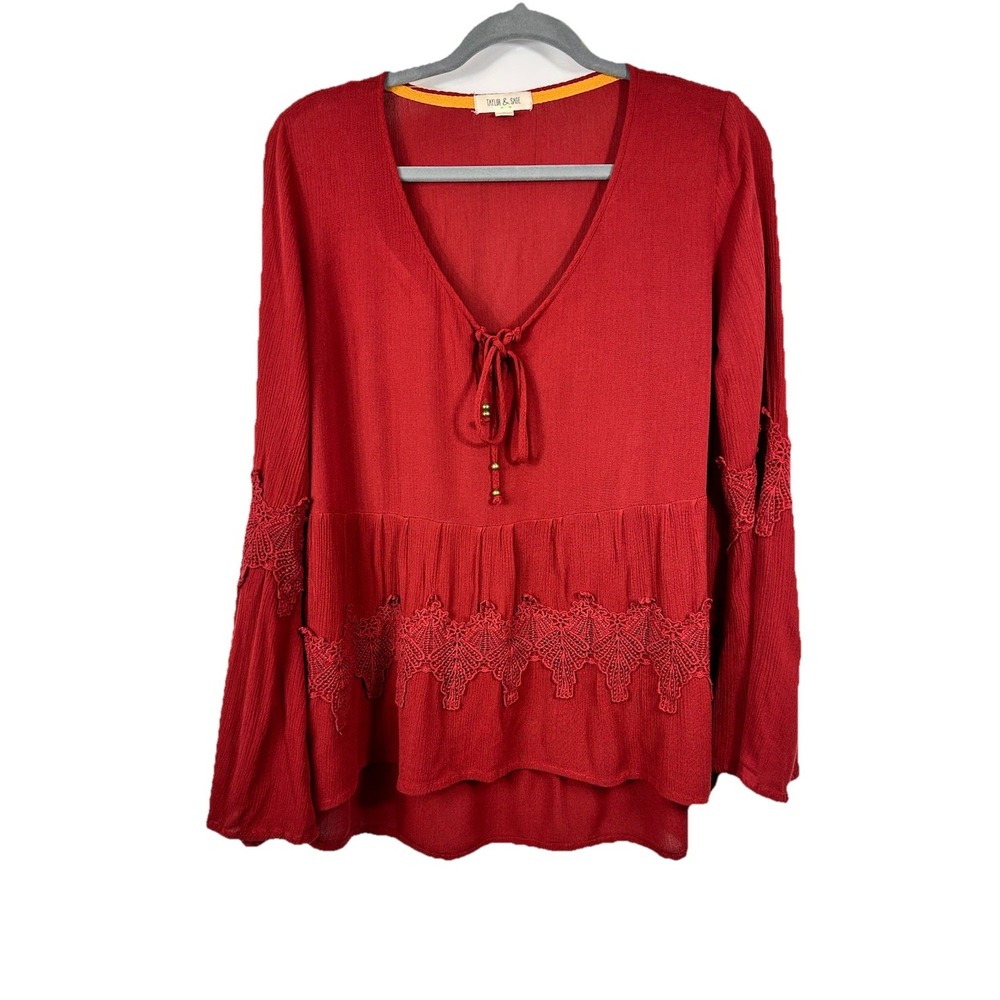 Taylor & Sage Red Peplum Blouse Boho Cottagecore Witchy Crochet Lace Bell Sleeve